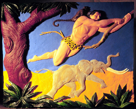 Riproduzione in bassorilievo di una scena del fumetto Tarzan, con intervento cromatico per ipovedenti.