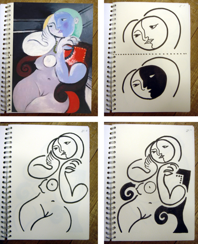 Immagine del dipinto di Picasso Donna nuda su una poltrona rossa e serie di disegni a rilievo realizzati con carta a microcapsule per spiegare il dipinto.