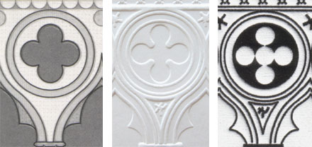 Dettagli dei trafori delle logge gotiche di Palazzo Ducale realizzati con diverse tecniche di disegno a rilievo. 